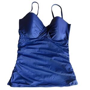 Tommy Bahama Navy Blue Twist Front Tankini Swimsuit Top Sz XL DD Ruching Padded